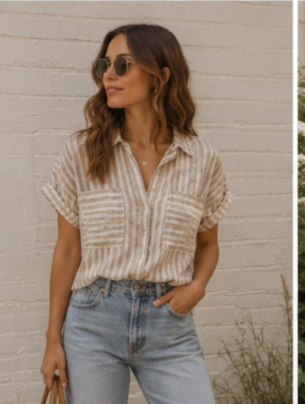 Linen Blend Short-Sleeve Button-Down Striped Shirt